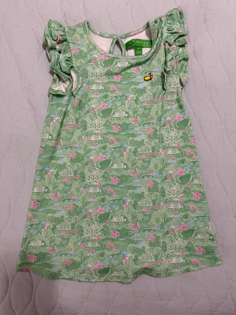 Masters Green Floral Ruffle Sleeve Dress with Pink Accents